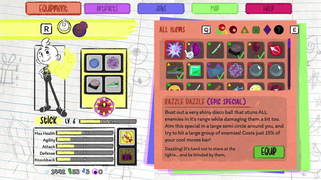 Stick item selection screen